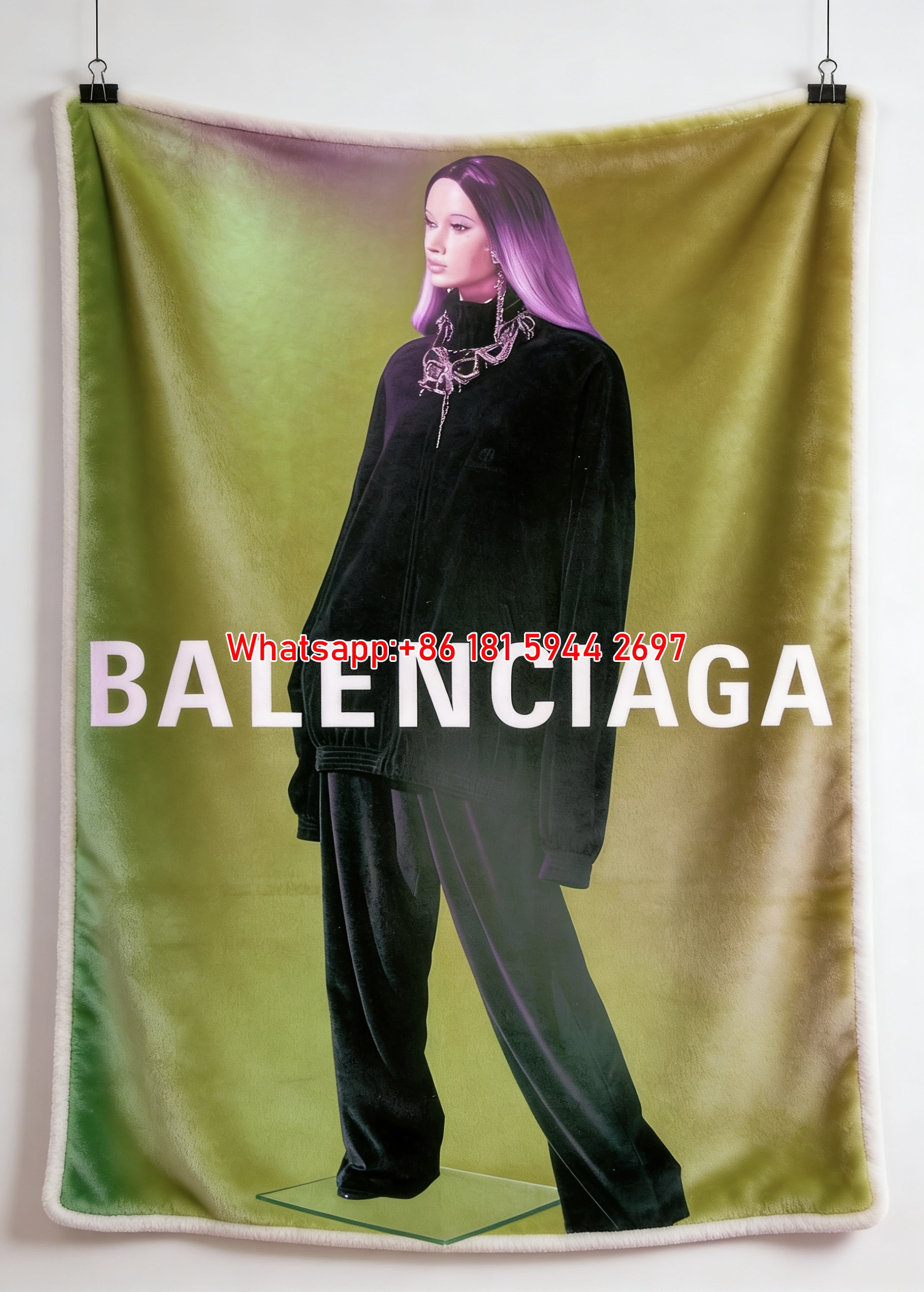 Balenciaga Green Velvet Mannequin Gradient Hair Flannel Sofa Throw Blanket BA168